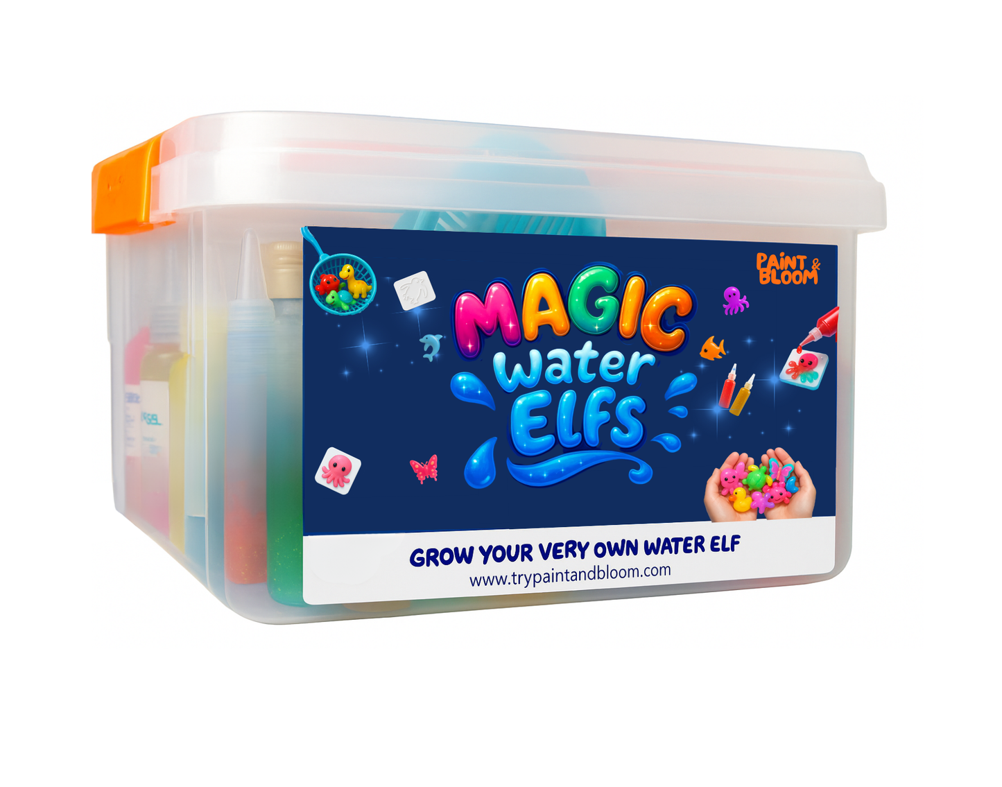 Container of Magic Water Elves with colorful packaging on a white background-fr-de-nl