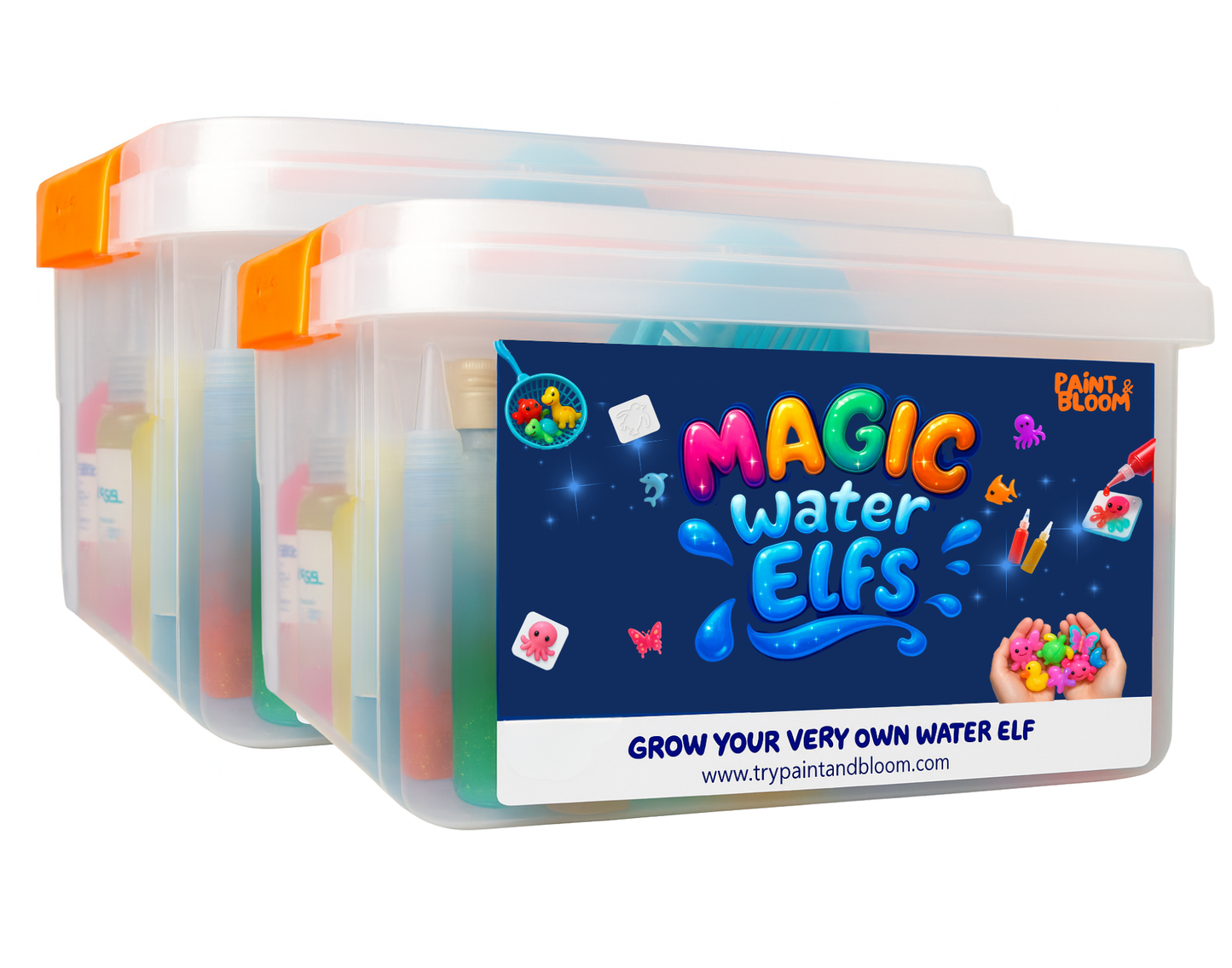 Container of Magic Water Elves with colorful packaging on a white background-fr-de-nl